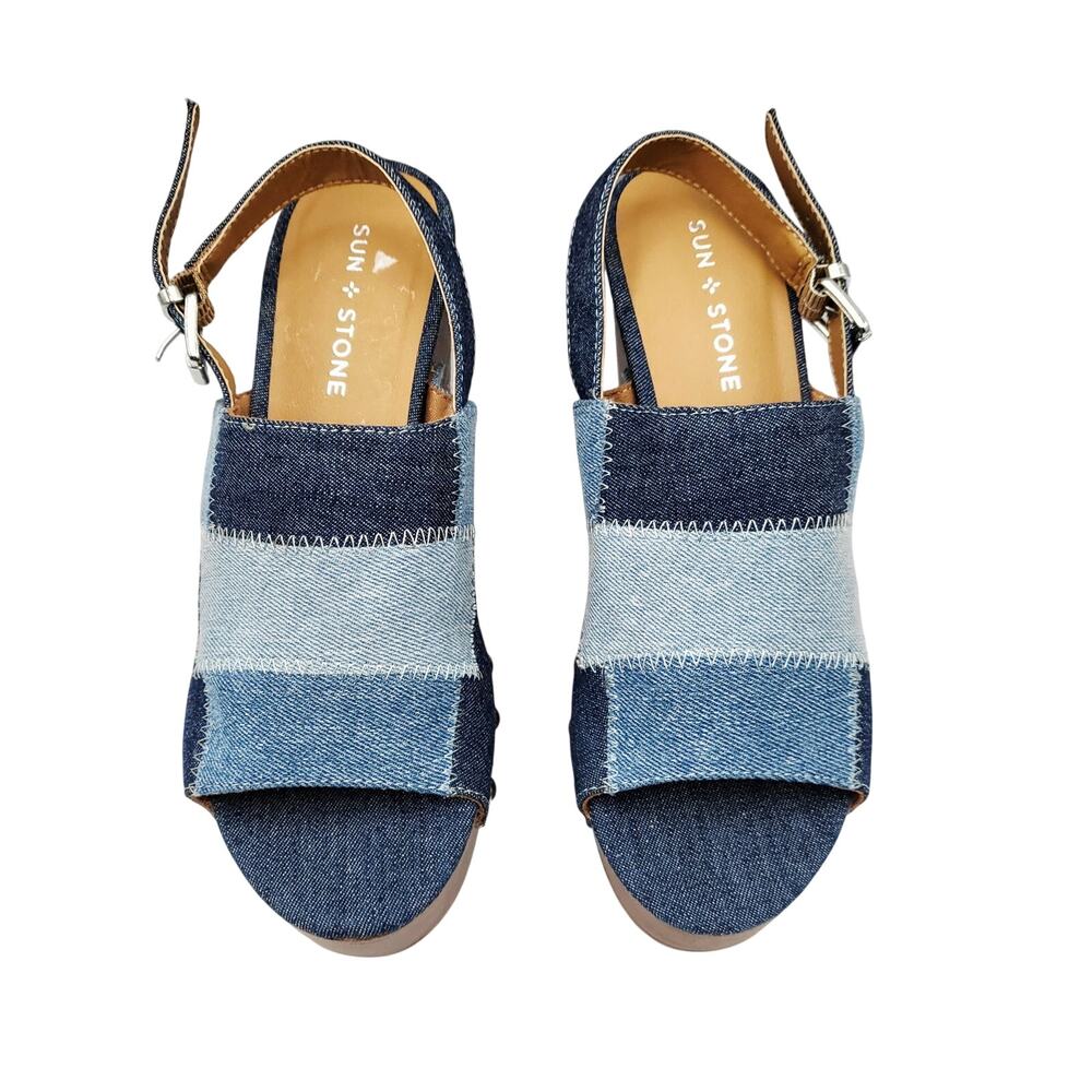 NWOT Sun & Stone Rayaell Studded Patchwork Denim Slingback Platform Sandals 6.5M - Picture 9 of 14
